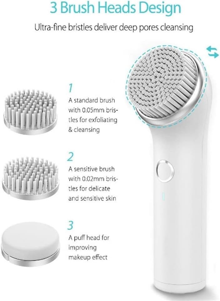 Electric Facial Cleansing Brush with 3 Brush Heads, IPX7 Waterproof