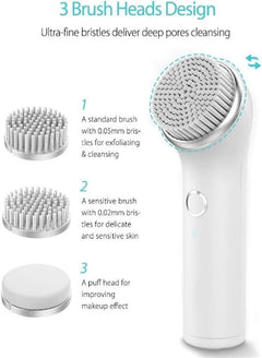 Electric Facial Cleansing Brush with 3 Brush Heads, IPX7 Waterproof