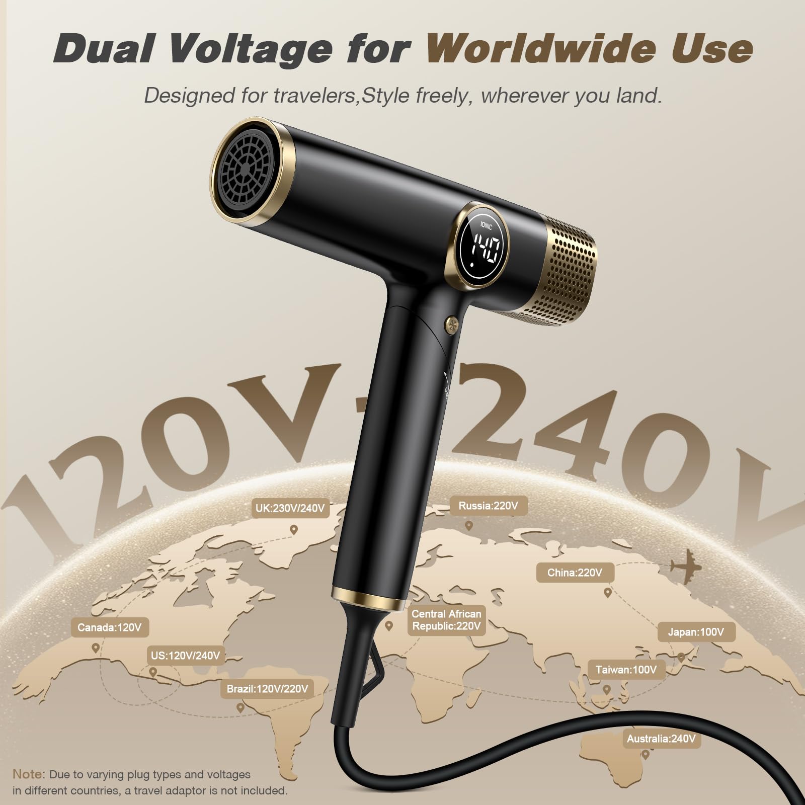 Dual Voltage 1900W Ionic Hair Dryer with Diffuser